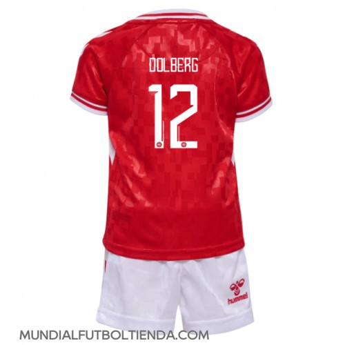 Camiseta Dinamarca Kasper Dolberg #12 Primera Equipación Replica Eurocopa 2024 para niños mangas cortas (+ Pantalones cortos)